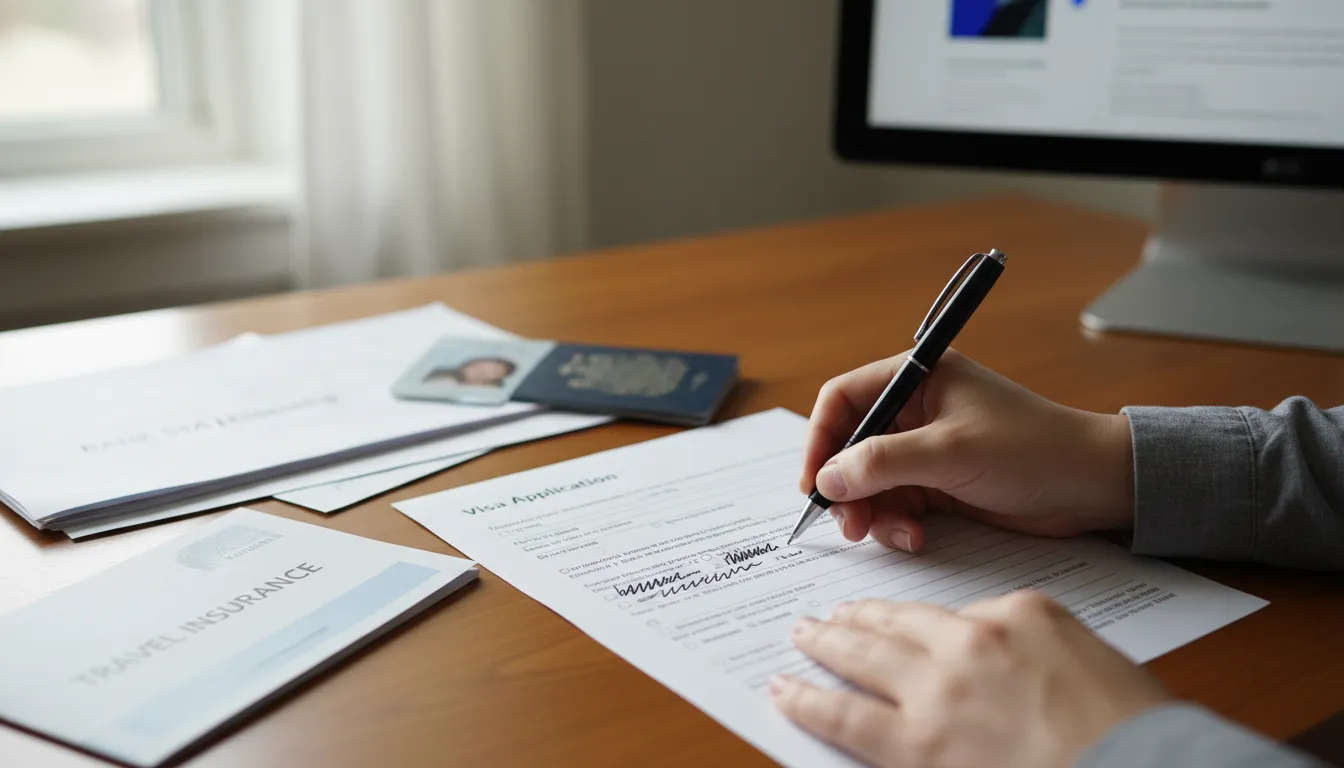 Mãos preenchendo formulário de visto Canadá, rodeadas por passaporte e documentos importantes, detalhando o processo.