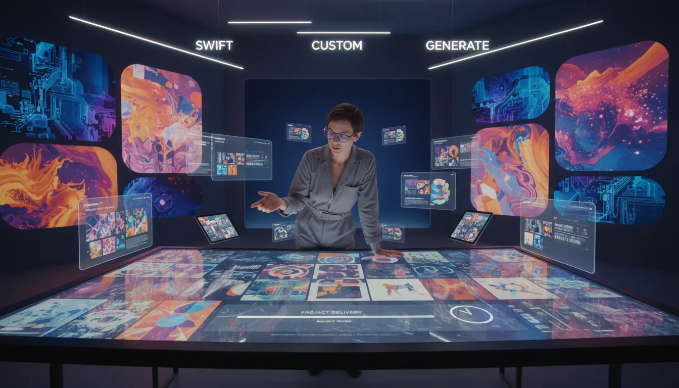 Como Integrar IA no Fluxo de Trabalho de Web Design 3 Designer avaliando imagens e textos criativos gerados por IA para um site personalizado.