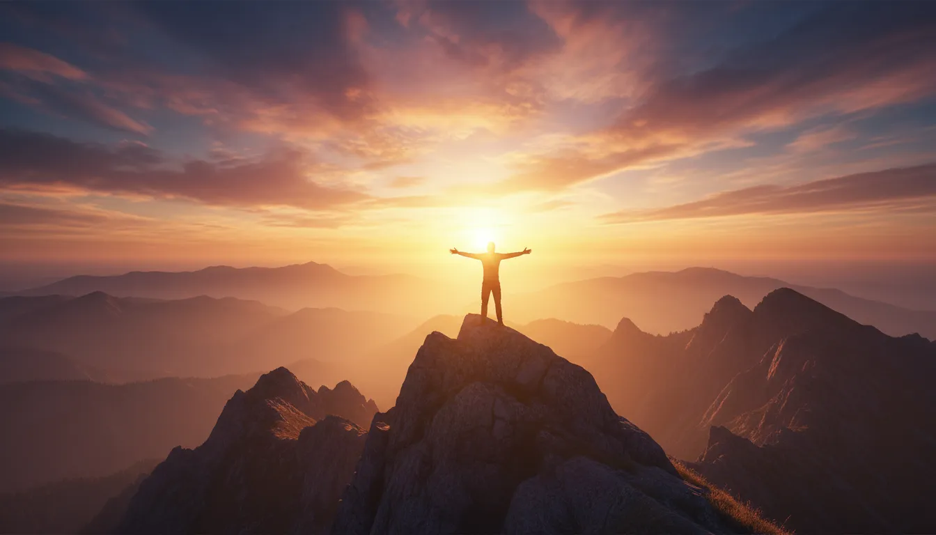 Pessoa na montanha admirando o nascer do sol, buscando cura fisica interior espiritual.