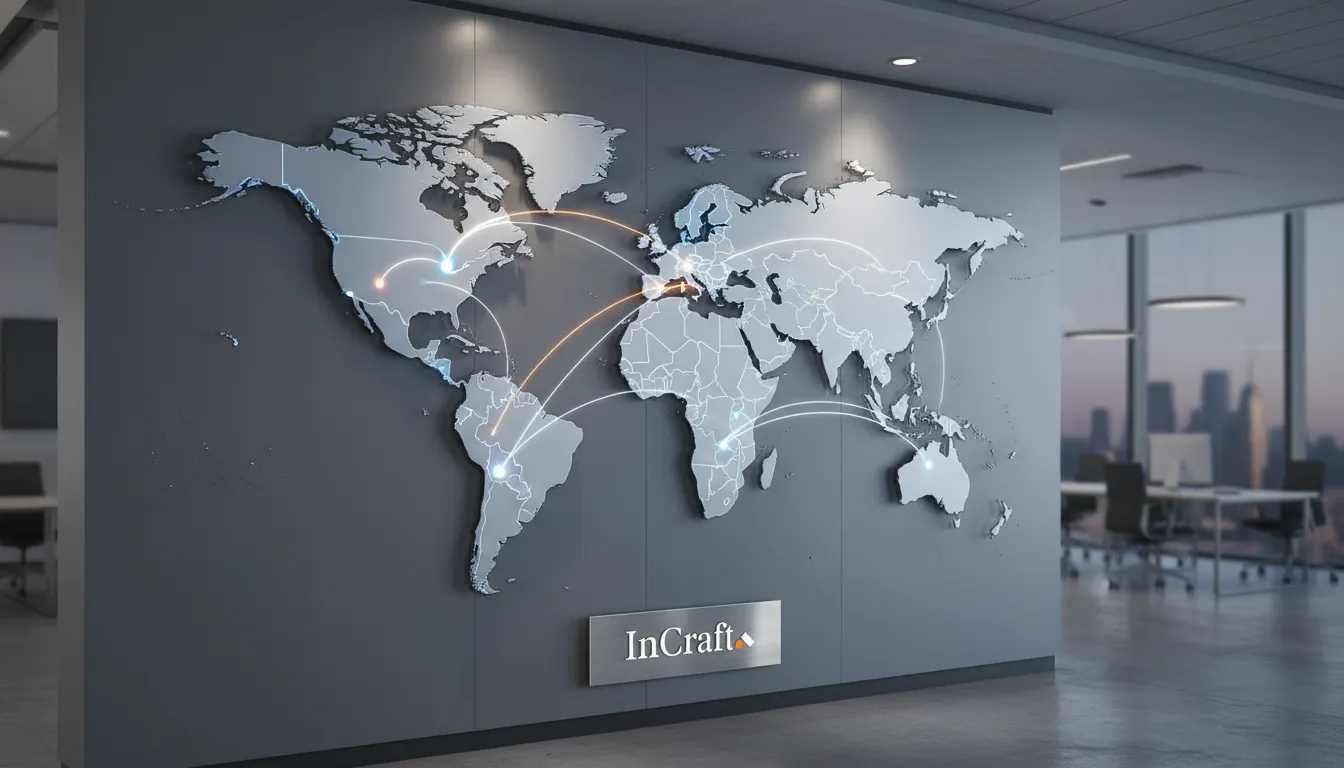 Mapa mundial mostrando alcance global da agencia cria sites em mais de 120 países.