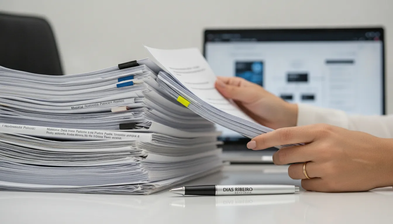 Advogado em Ascurra analisando detalhadamente documentos médicos e políticas de plano de saúde para um caso.