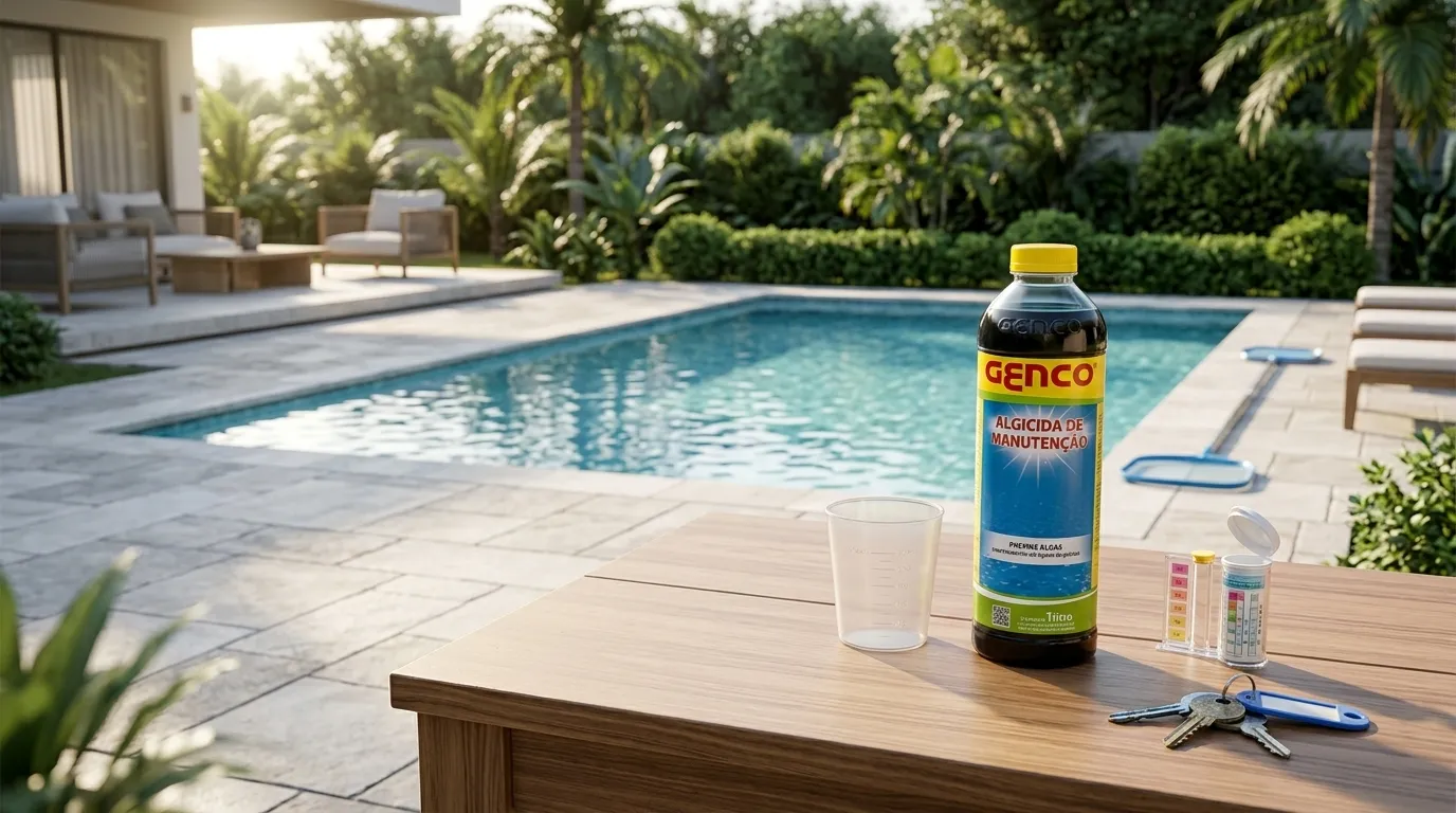 Kit de manutenção com algicida piscina Equibombas para tratamento preventivo da água.