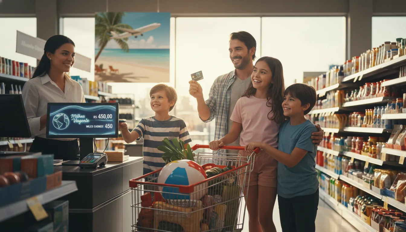 Família feliz comprando com cartão de crédito de recompensas, mostrando como acumular milhas para as próximas férias com a Viagente.