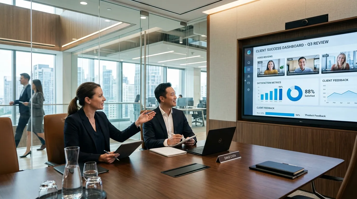 Equipe corporativa alinhando estratégia comercial utilizando prova social e vídeos institucionais.
