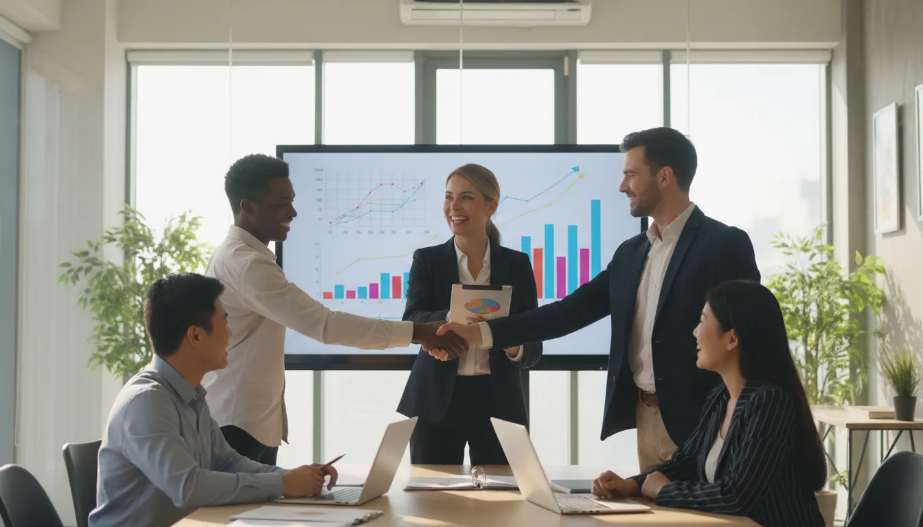 Empresarios se reúnen con una contadora en los EUA, celebrando el éxito financiero de sus negocios.