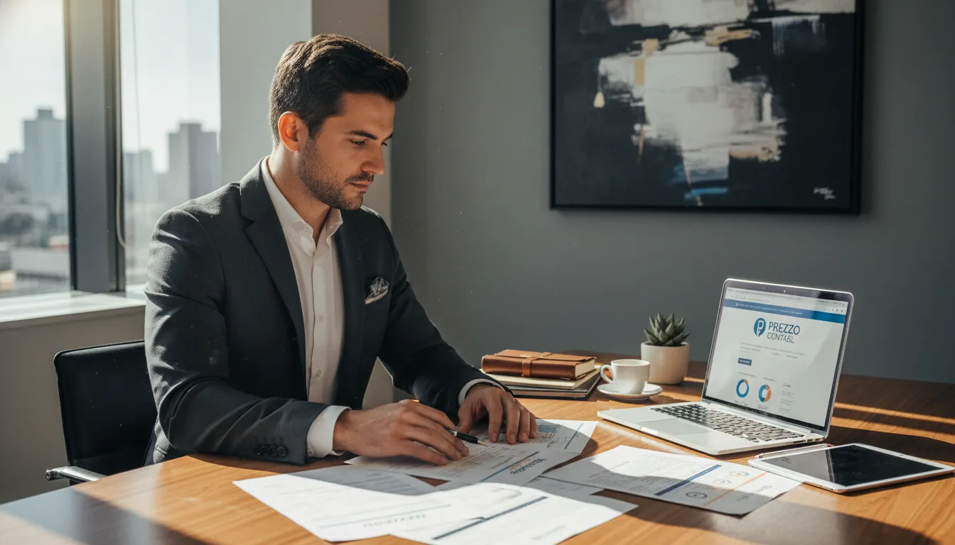 Empresário analisando documentos financeiros em um escritório moderno, com o site da Prezzo Contábil no laptop, representando como abrir um restaurante em São Paulo.