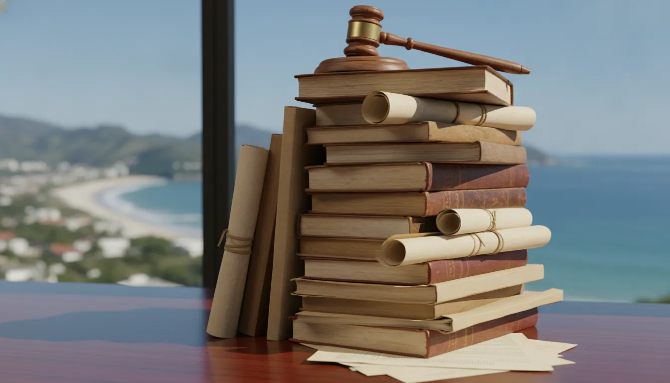Livros jurídicos e martelo sobre mesa, simbolizando trabalho do advogado em Bombinhas em ação de saúde.