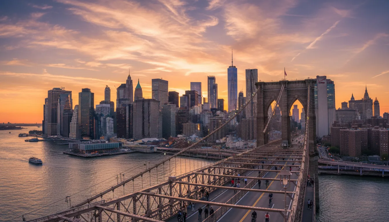 Vista espetacular da Ponte do Brooklyn e o horizonte de Nova York ao pôr do sol, com pessoas atravessando.