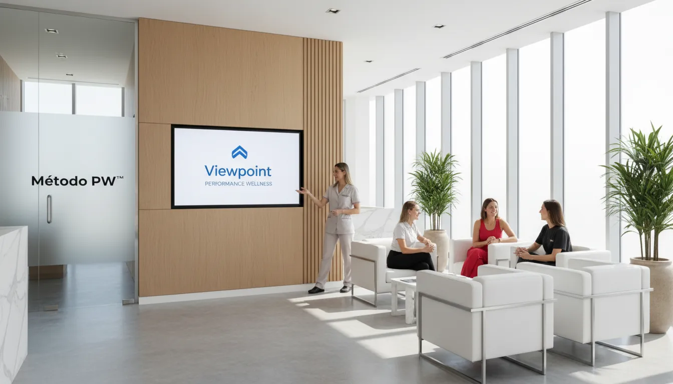 Clínica wellness premium com clientes satisfeitos e tagline da Viewpoint: gatilhos de vendas.