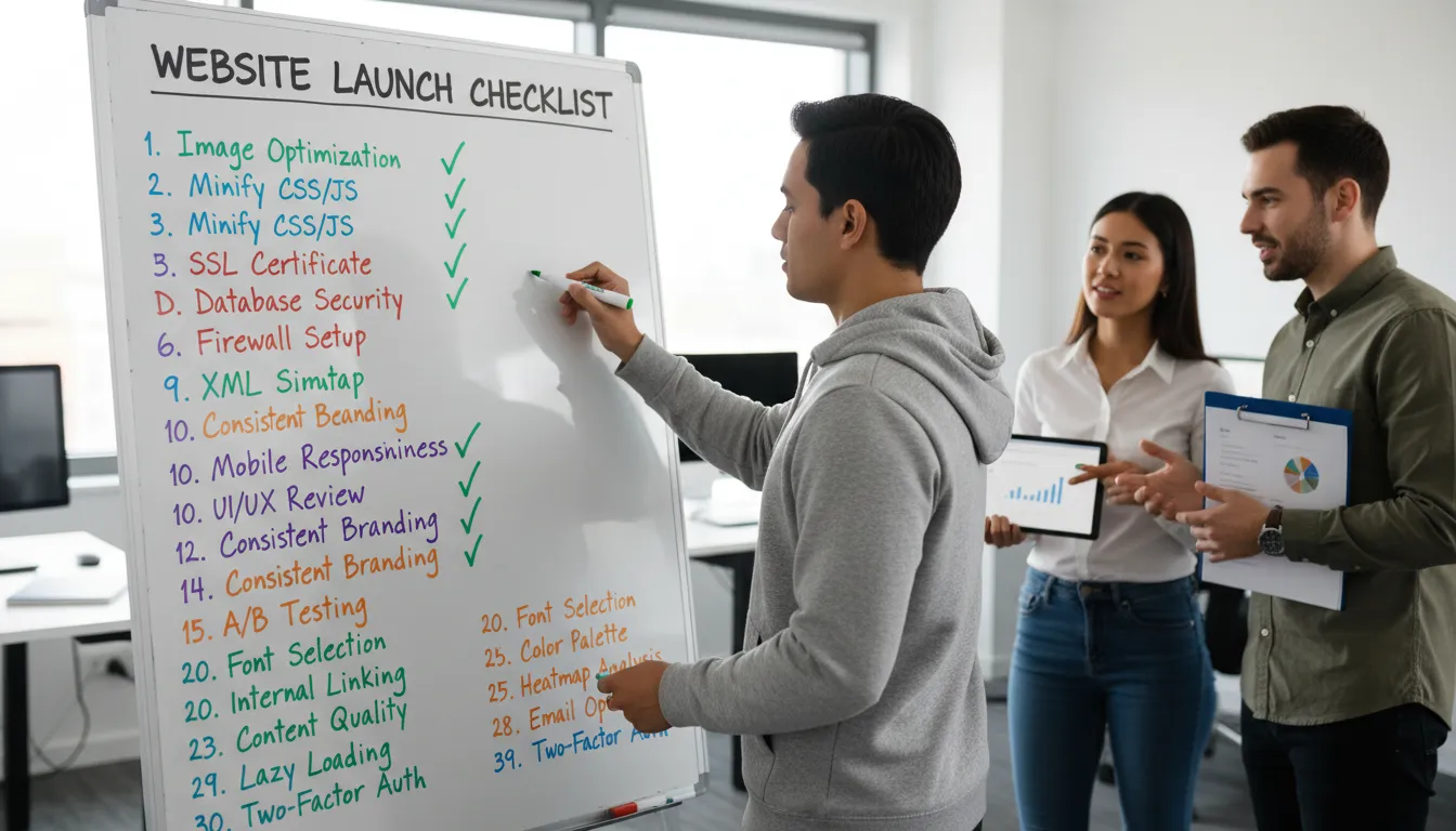 Seu Website em 2026: Checklist de Revisão da Virada do Ano 2 Quadro branco exibe checklist colorido de 30 itens essenciais para revisão de site, equipe marca tarefas concluídas.