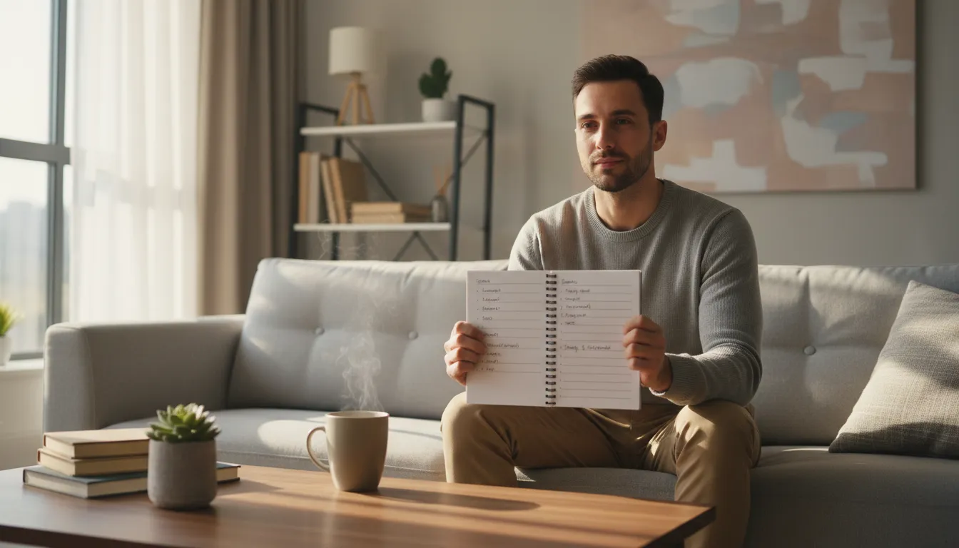 Jovem sereno revisando plano financeiro, após consultar um consultor financeiro, indicando sucesso nas finanças pessoais.