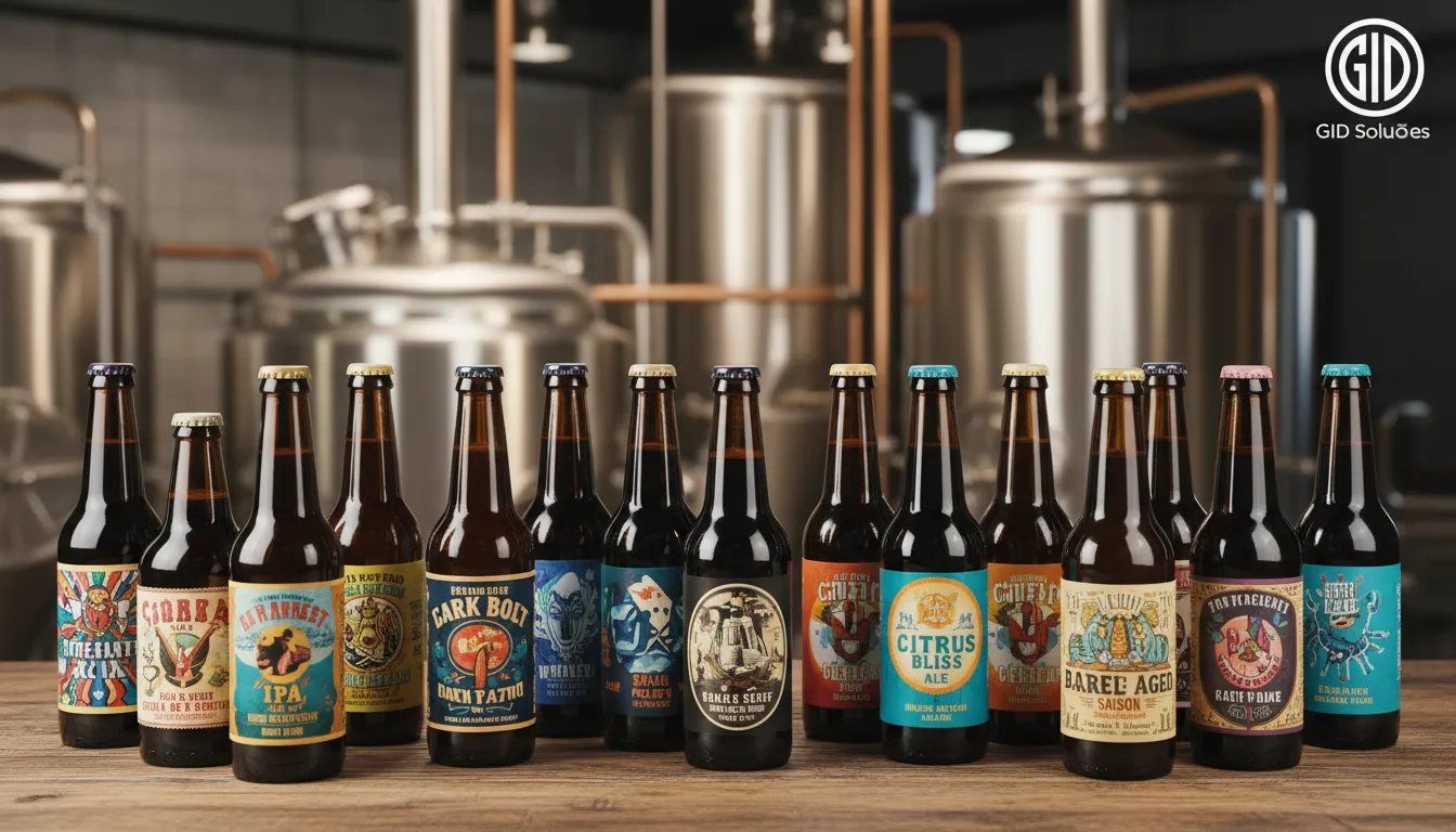 Várias garrafas de cerveja artesanal com rótulos para cerveja artesanal distintos, mostrando a diversidade de estilos e marcas, com o logo da GID sutilmente posicionado.