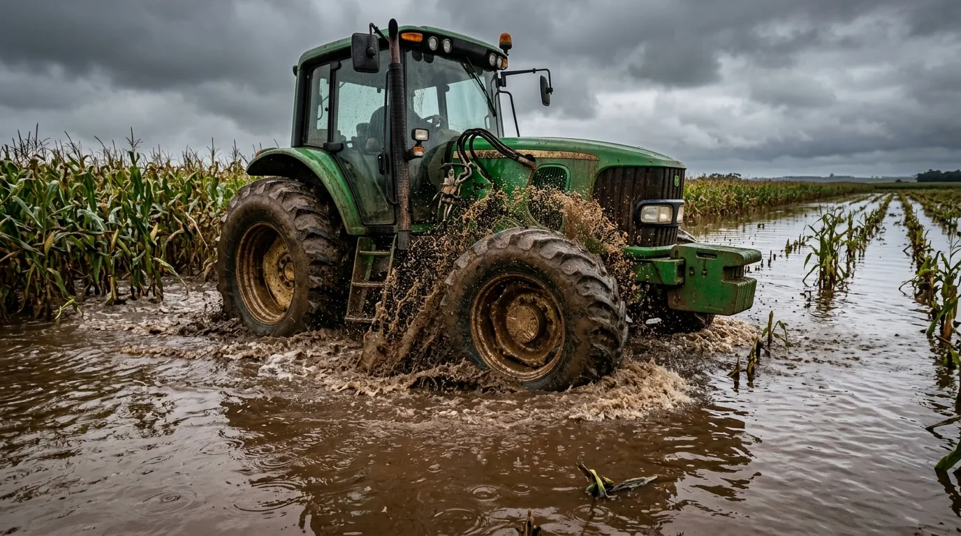 Trator enfrenta inundação mostrando desafios agricultura gaúcha diante de chuvas extremas.