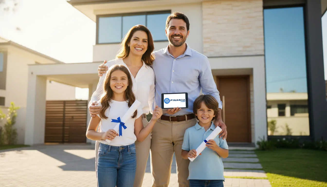 Família feliz realizando sonhos com planejamento financeiro e parcelas menores com garantia, graças ao apoio da Financia Tudo.