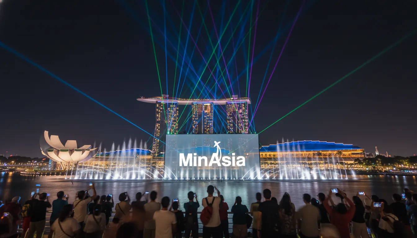 Show de luzes Spectra no Marina Bay Sands, jatos d'água coloridos e lasers vibrantes sobre a baía.