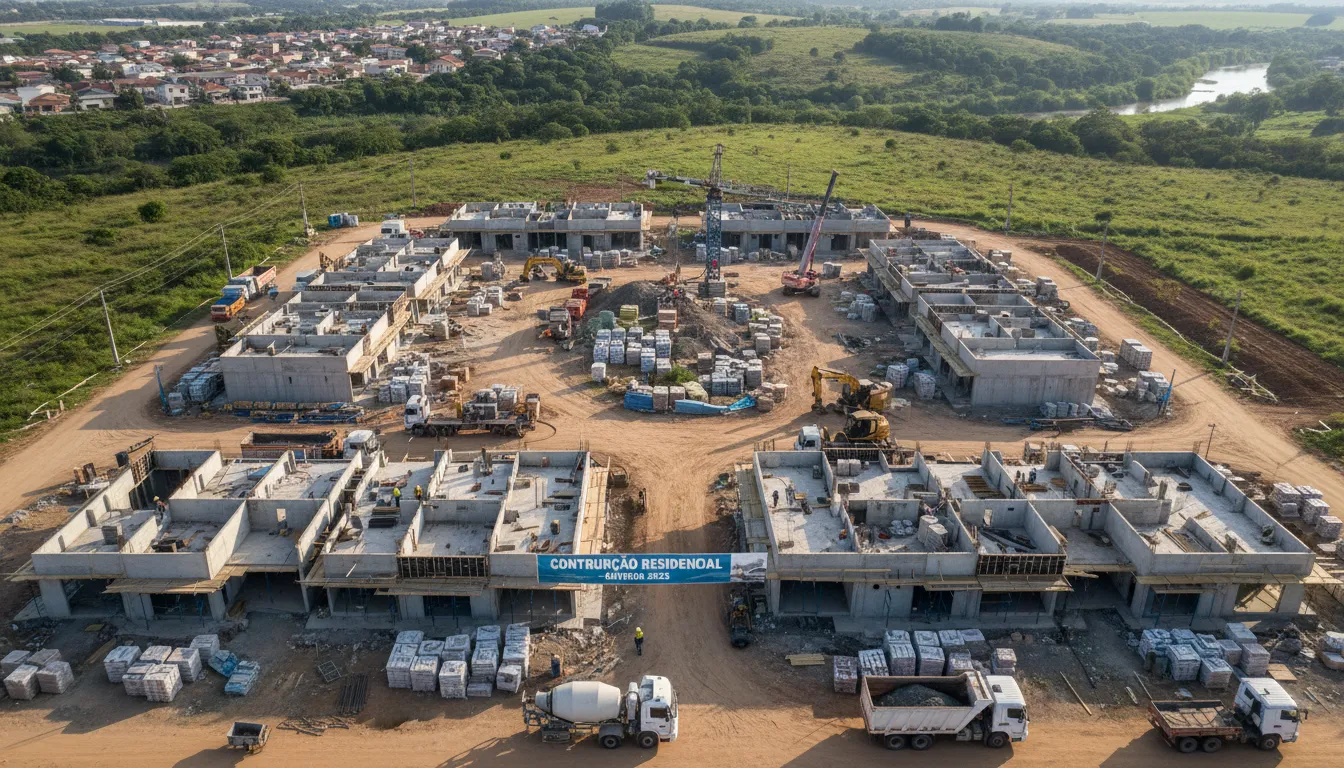 Obra residencial em andamento vista de cima, com trabalhadores e materiais em organização