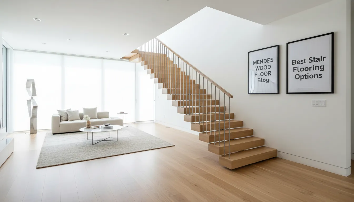 Modern light-colored hardwood stair flooring with sleek metal railings in a bright home interior. A contemporary take on stair flooring that matches any style.