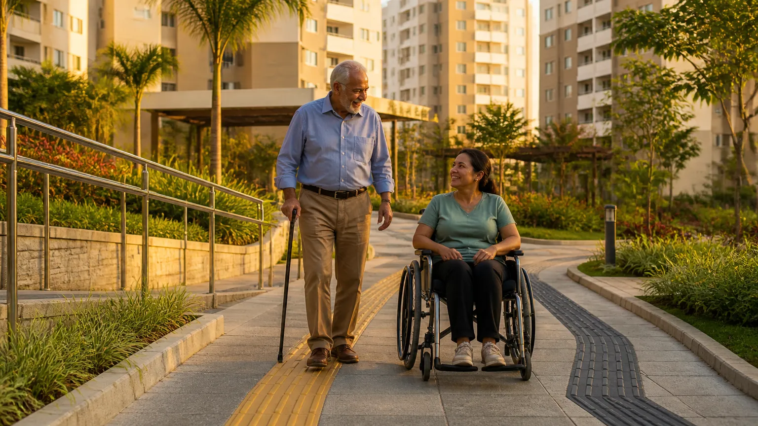 Moradores usufruindo caminhos adaptados com financiamento de acessibilidade condominial.