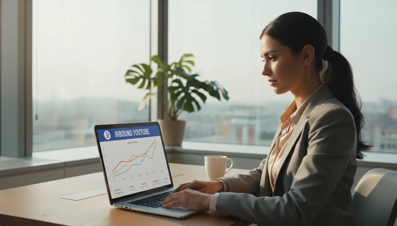 Empresário analisando métricas do YouTube, mostrando o crescimento da audiência com inbound marketing, otimizando a aquisição de clientes.