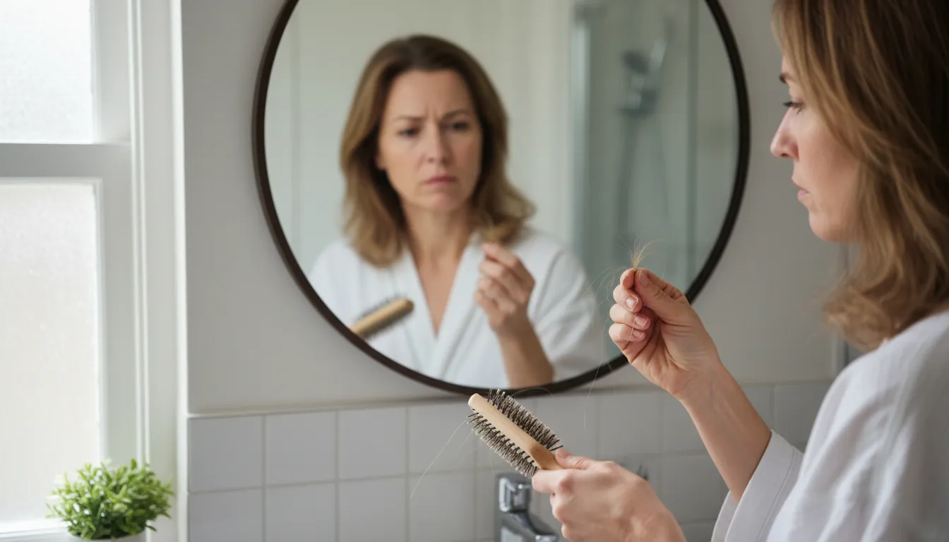 Queda de cabelo excessiva, um dos sintomas de ansiedade no corpo feminino que impacta autoestima e bem-estar.