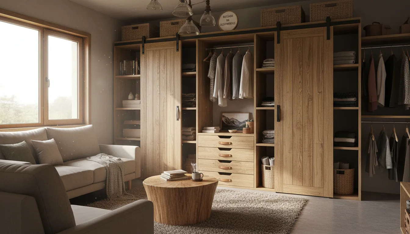 Interior de cabana ecológica com closet planejado, móveis sustentáveis e ambiente acolhedor.