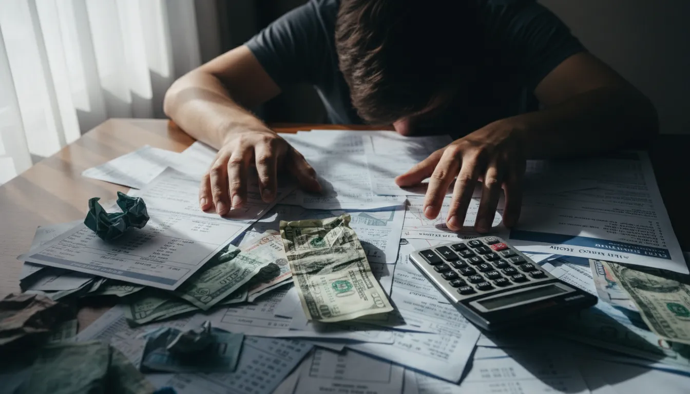 Mãos sobre uma mesa desorganizada com contas e documentos, representando o estresse financeiro pós-luto.