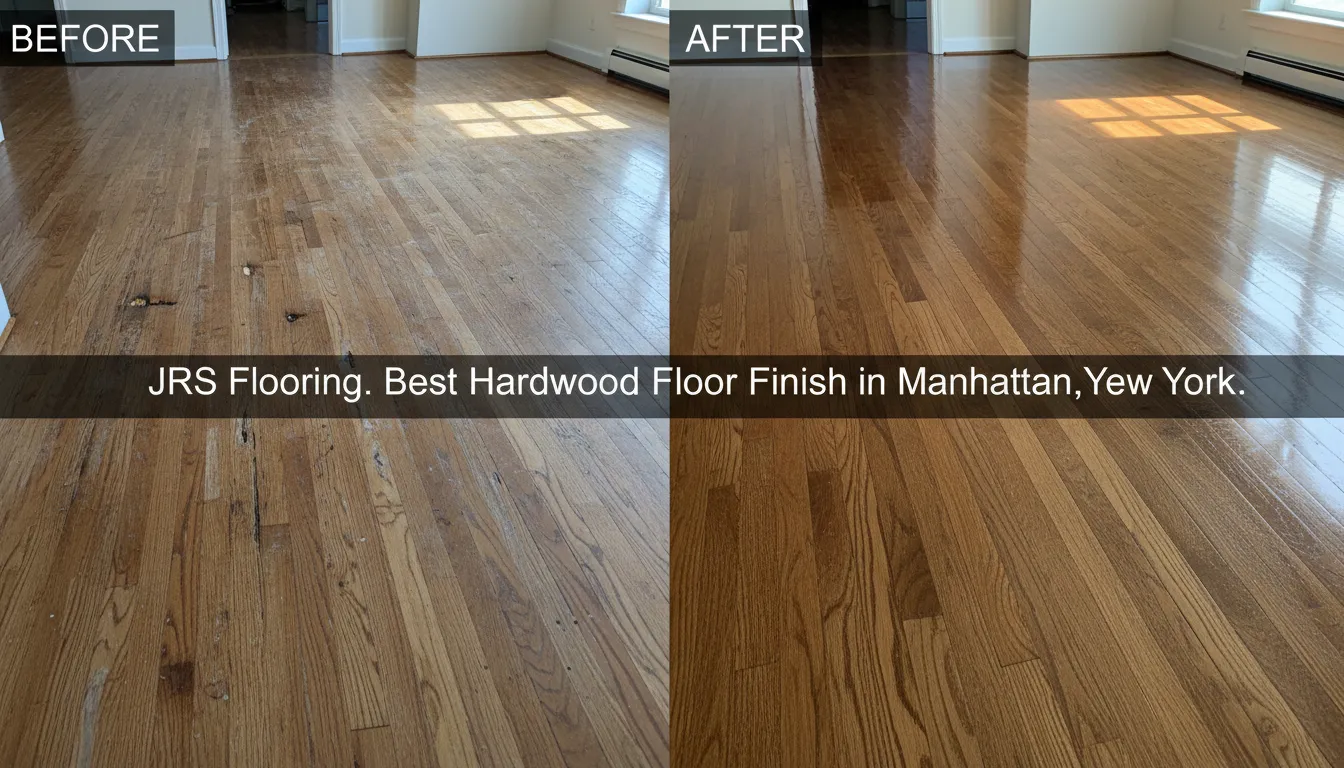 Before-and-after comparison highlighting the dramatic improvement of a best hardwood floor finish, New York NY Manhattan, by JRS Flooring, showcasing restoration expertise.
