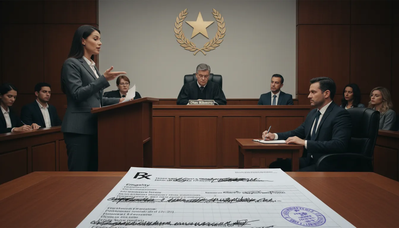 Cena de tribunal com foco na disputa legal sobre a cobertura de Emgality pelo plano de saúde.