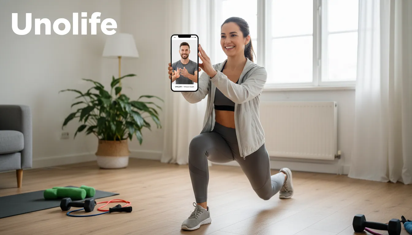 Mulher sorrindo durante um treino online em casa, com um personal trainer guiando-a pelo celular. A imagem demonstra a praticidade e o suporte personalizado do treino online.
