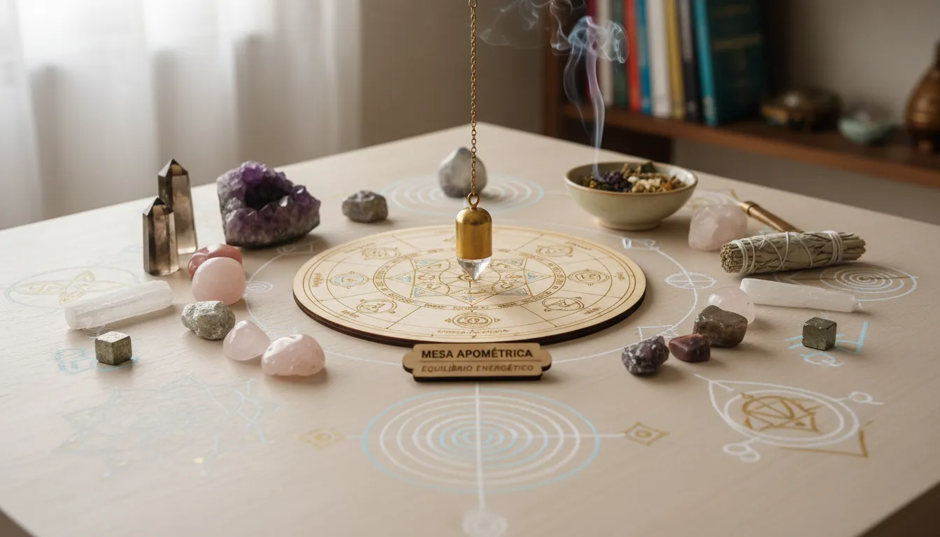 Instrumentos utilizados na mesa apométrica, destacando seus símbolos e elementos energéticos.
