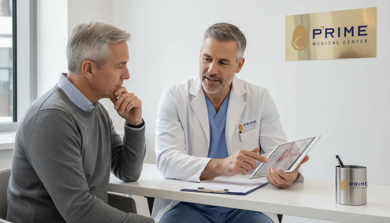 Médico explicando o procedimento do exame de próstata a paciente em consultório moderno e acolhedor.