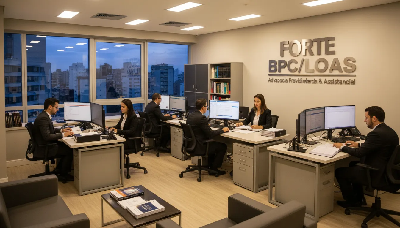 Advogados da Forte Advocacia pesquisando sobre BPC LOAS em um ambiente de trabalho moderno e eficiente.