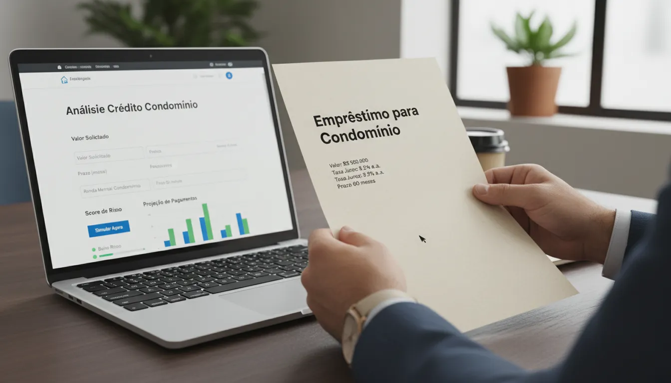 Mãos segurando documento de empréstimo com simulação financeira aberta no notebook, demonstrando análise digital.