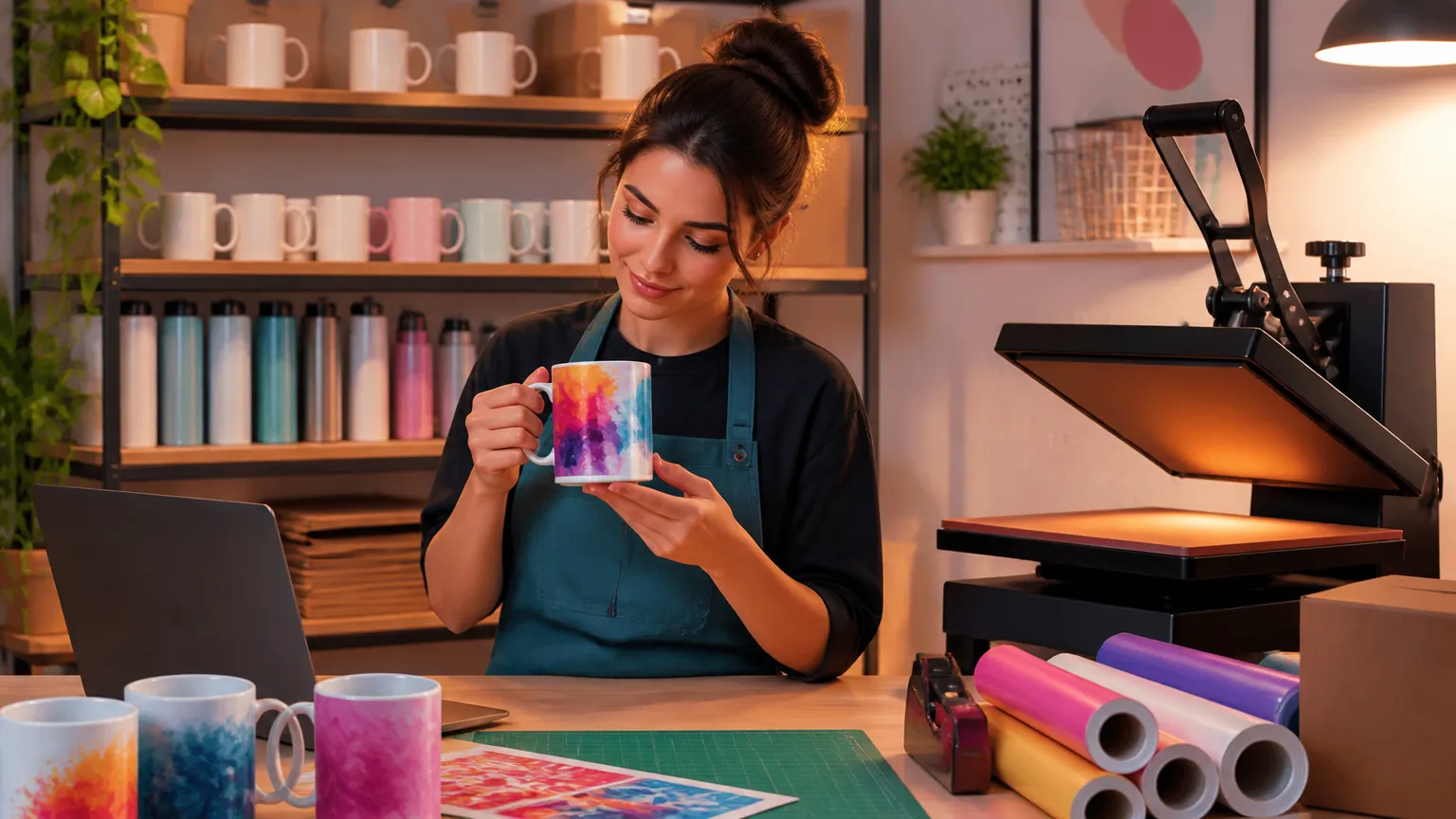 Empreendedor produzindo canecas com máquina de estampar brindes em gráfica rápida.