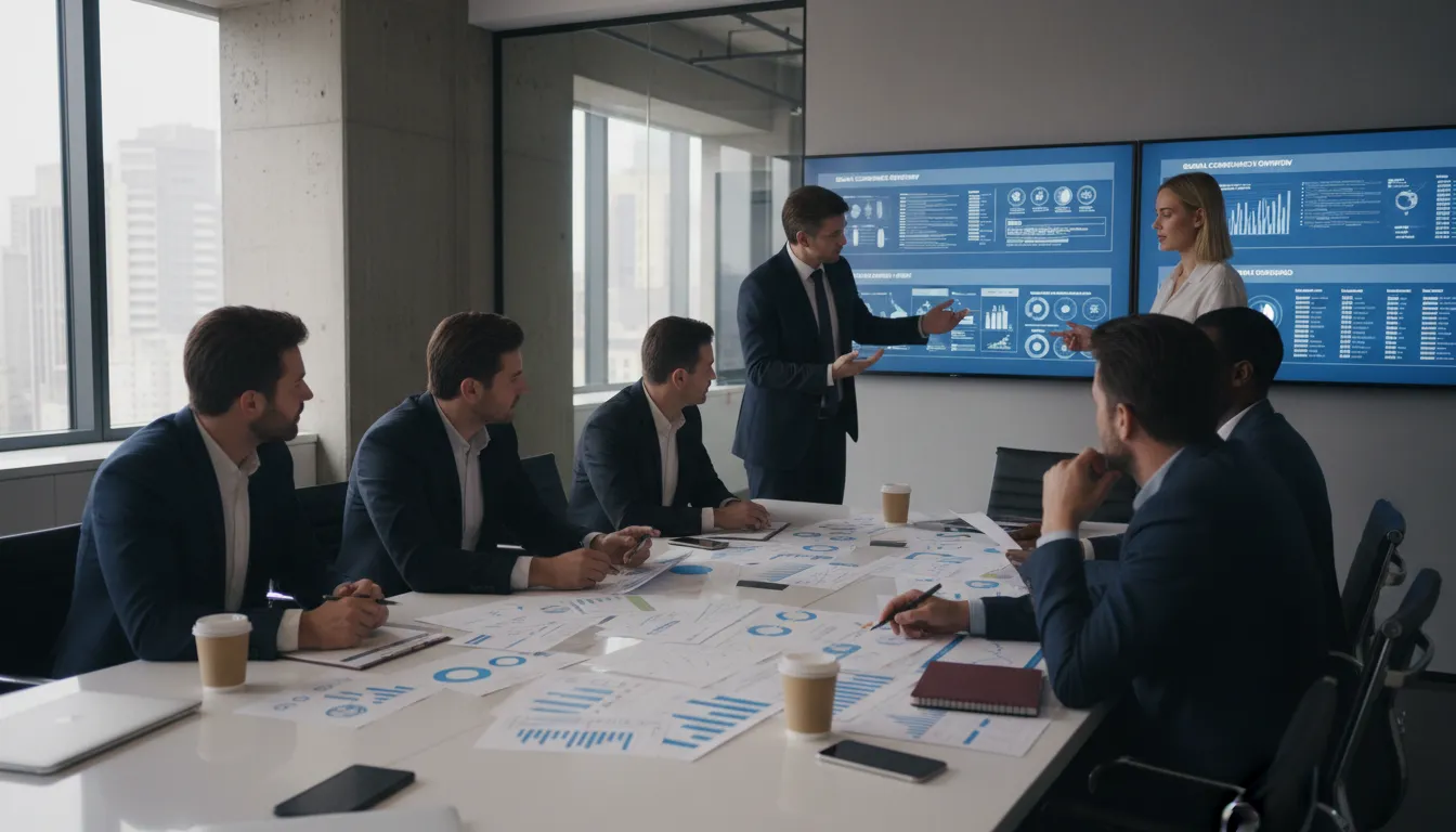 Equipe de profissionais analisando documentos e telas digitais de dados regulatórios em sala de reunião.