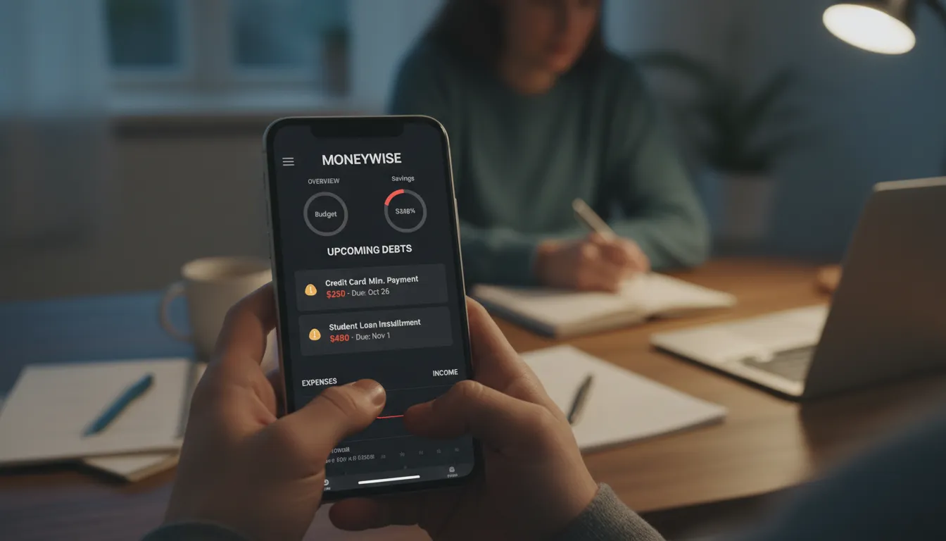 Pessoa usando aplicativo de controle financeiro para gerenciar pagamentos após a renegociação de dívidas.