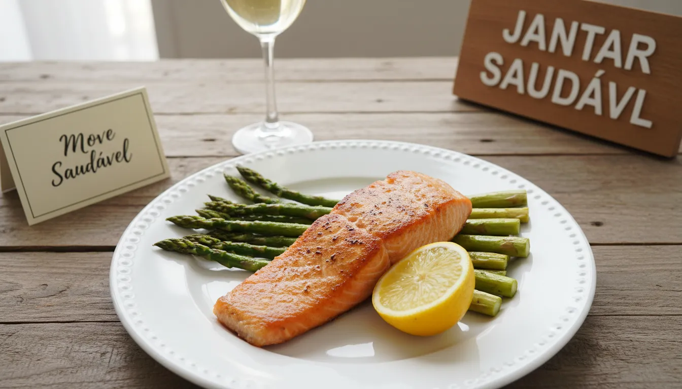 Visão superior de um prato de salmão com aspargos assados, uma excelente opção para um jantar nutritivo e para quem procura o que posso comer para um jantar saudavel.