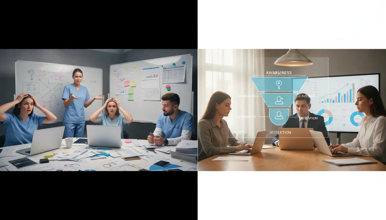 Clínica wellness organizada com funil claro e link whatsapp instagram, versus caos do marketing ineficaz.