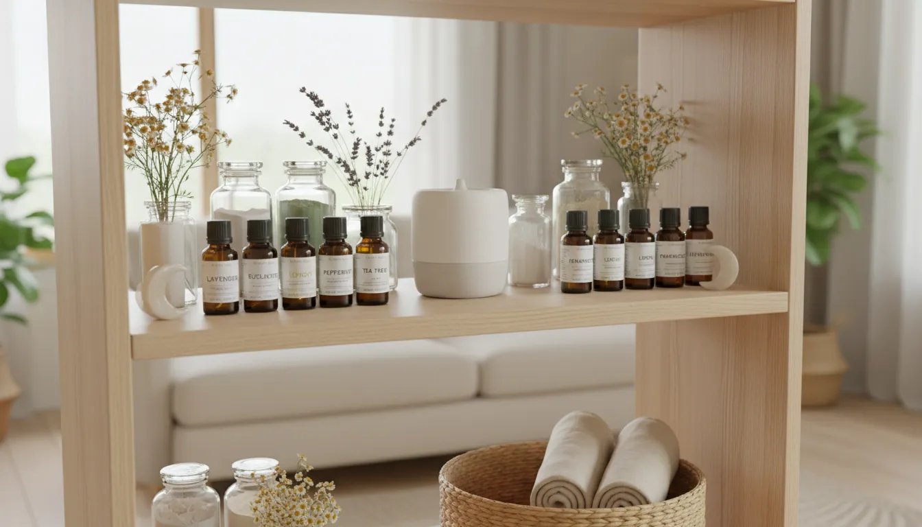 Prateleira com óleos essenciais, flores secas e itens de aromaterapia organizados.