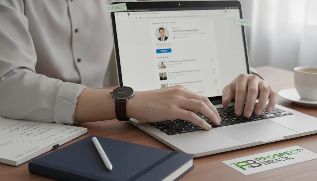 Mãos digitando no laptop, focando em perfil de prospecção LinkedIn e anotações estratégicas no escritório.