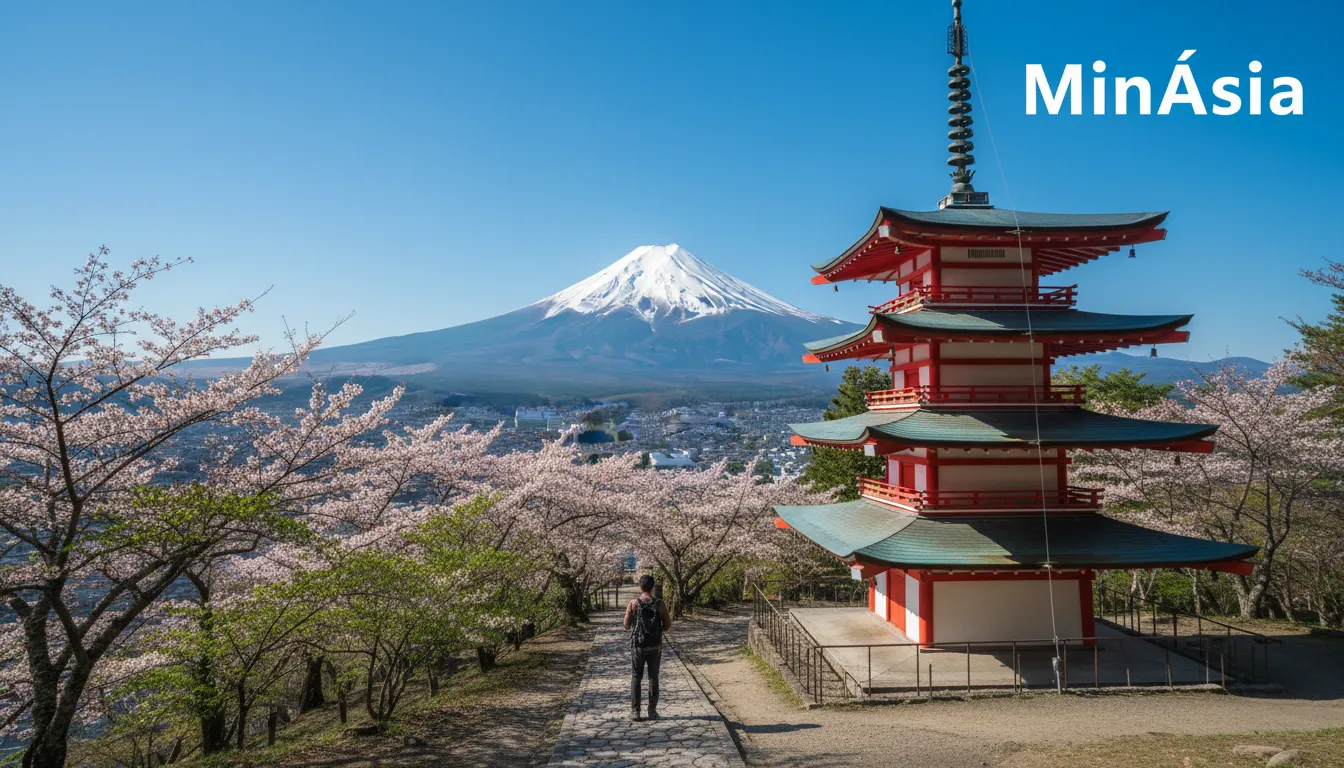 Um viajante admirando o monte fuji da pagoda Chureito em um dia ensolarado. A estrutura vermelha contrasta com o azul do céu e a vegetação exuberante.