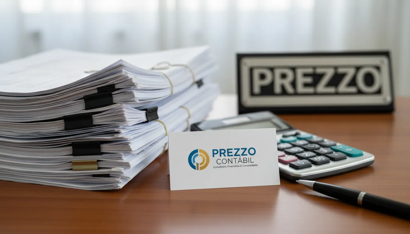 Pilha de documentos contábeis organizados com a logo 'Prezzo', simbolizando a organização e eficiência na contabilidade para restaurantes em São Paulo.