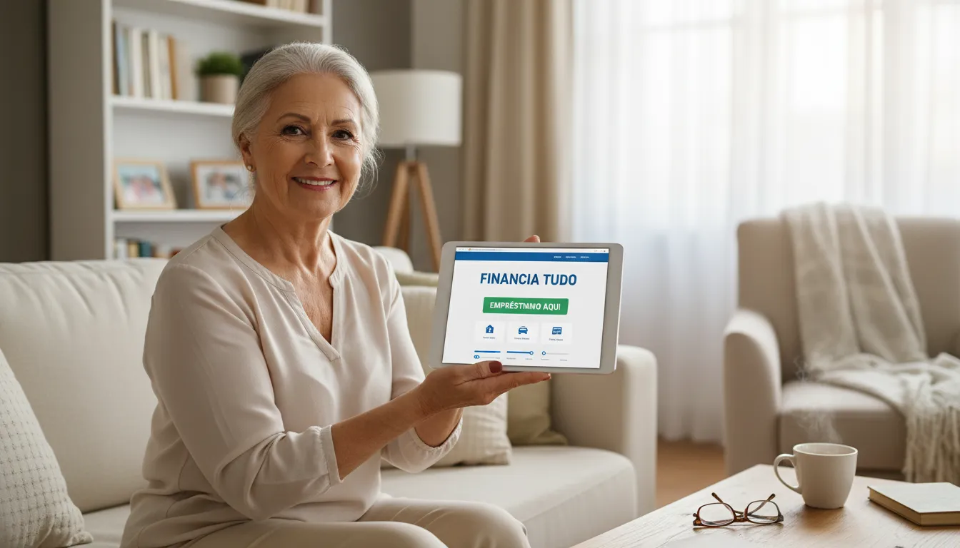 Idoso sorrindo e usando um tablet para acessar as opções de empréstimo consignado no site da Financia Tudo, demonstrando facilidade de uso.