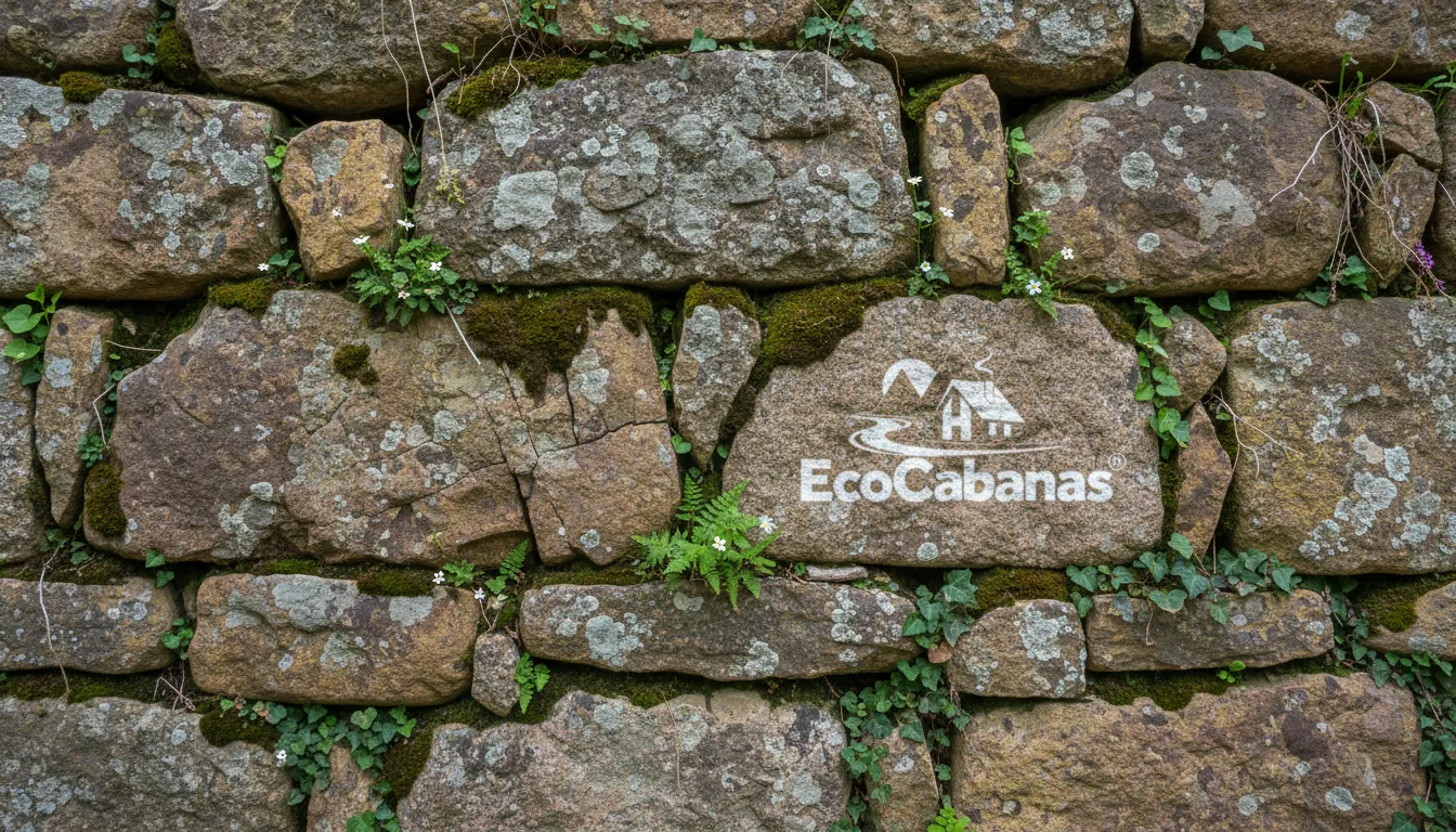 Close-up detalhado da textura da parede de pedra com musgo, enfatizando a beleza natural e a integração com a paisagem no projeto Eco Cabanas.