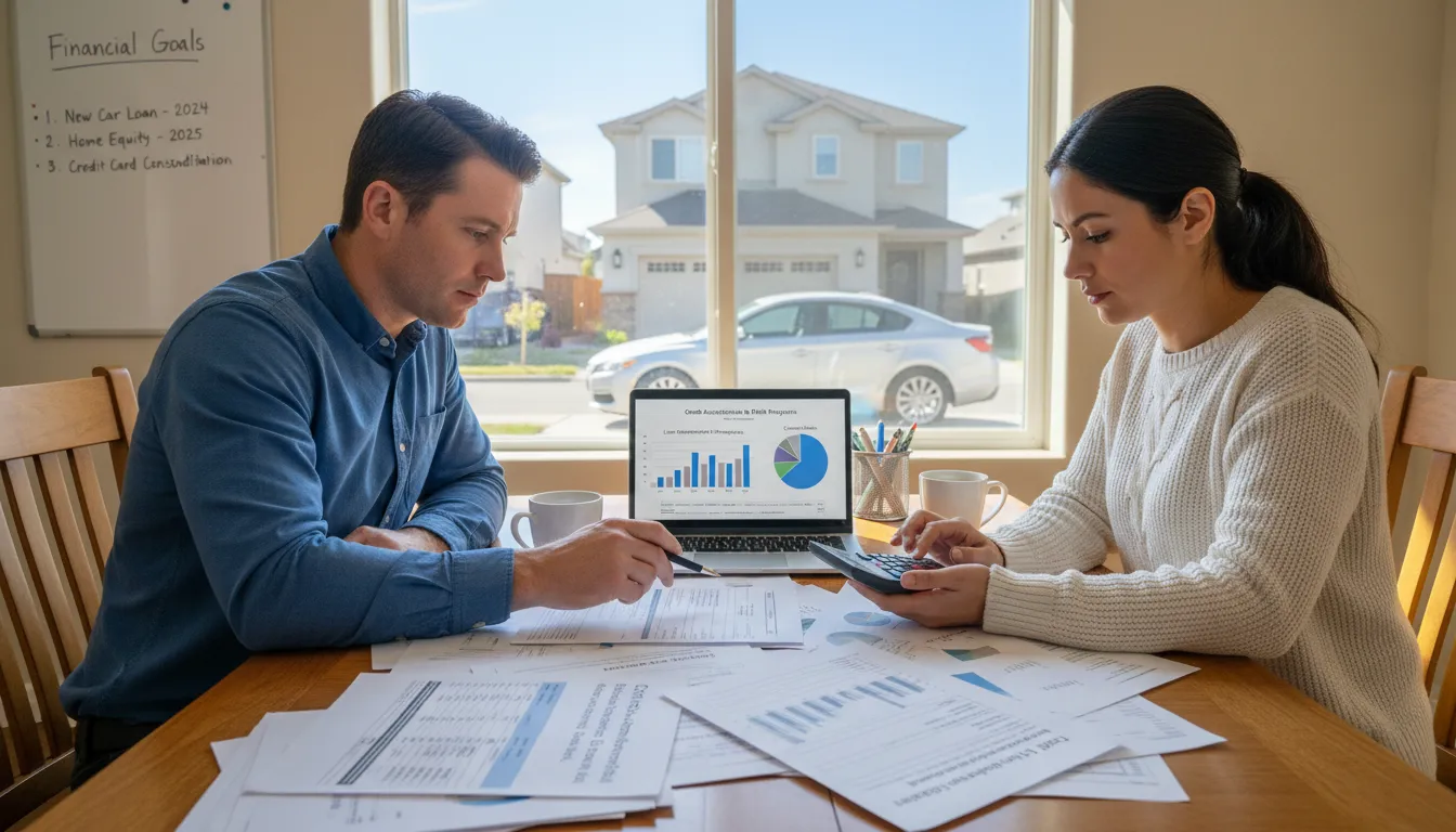 Casal planejando a quitação de dívidas analisando papéis, com carro e casa ao fundo.