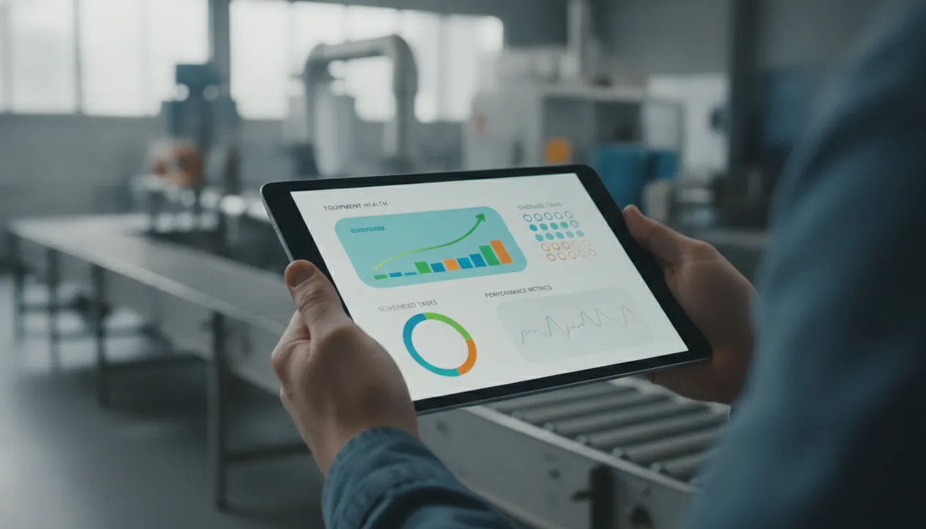 Tablet exibe dashboard digital de manutenção, essencial para planejar manutenção preventiva e monitorar desempenho de ativos.