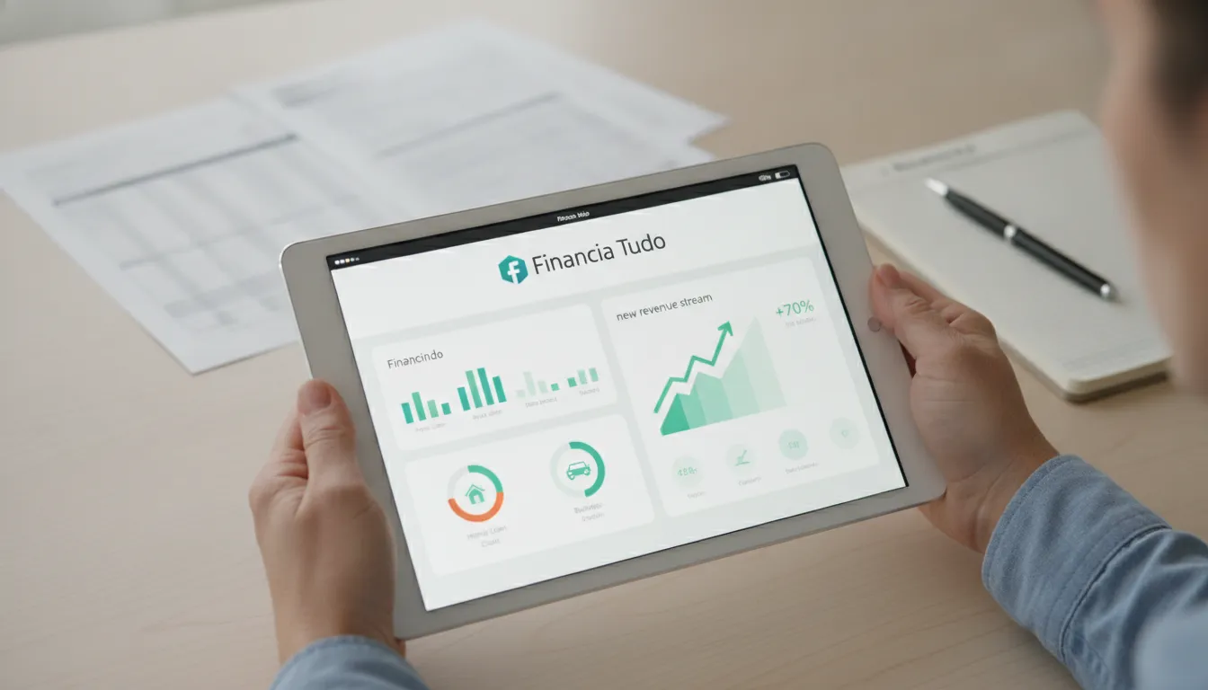 Plataforma Financia Tudo no tablet, mostrando soluções para gerar novas receitas com financiamentos.
