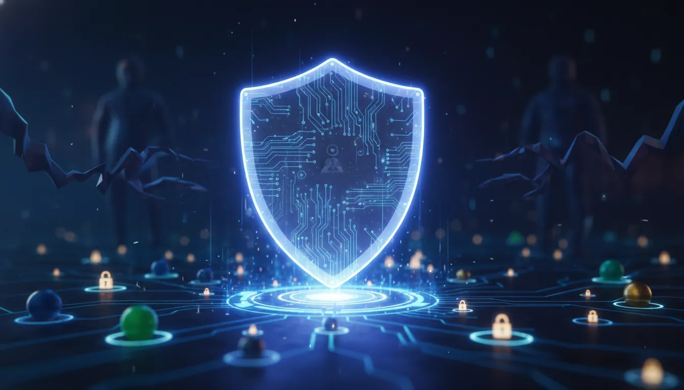 Escudo digital InfoLock protege rede de dados complexa, simbolizando segurança e integridade na governança de dados.