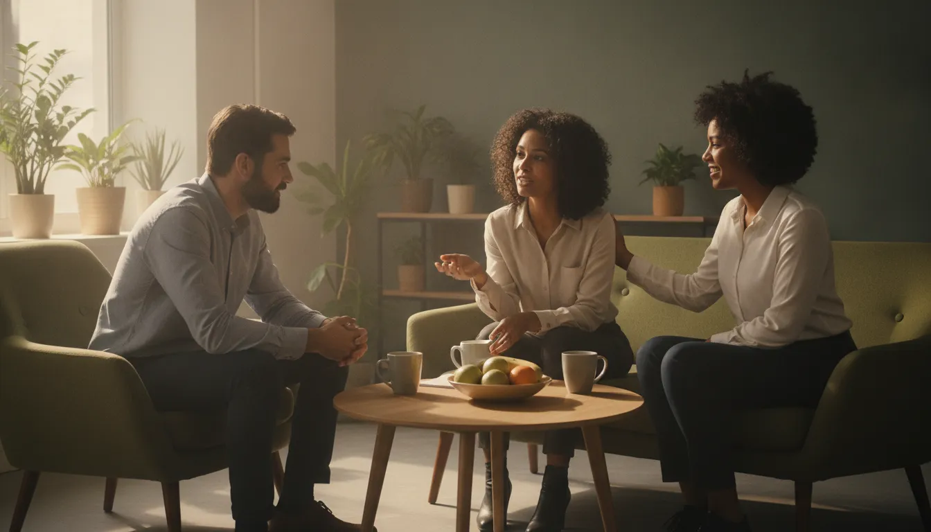 Colaboradores conversando em ambiente tranquilo, promovendo saúde mental no ambiente de trabalho.
