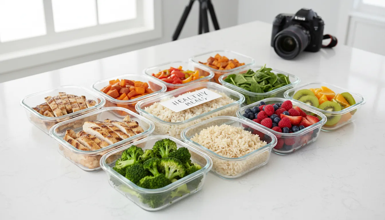 Marmitas organizadas com frango grelhado, arroz e legumes, mostrando refeições práticas para emagrecimento.